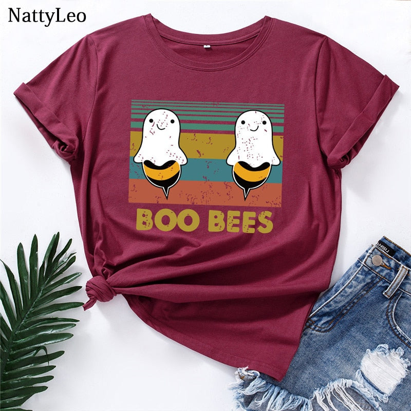 Peris Gems Graphic Print BOO BEES T-Shirt for Women | Halloween Bee Short Sleeve Shirt Graphic Print BOO BEES T-Shirt for Women Halloween Bee Shirt SHEIN Amazon Temu