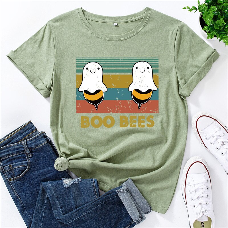 Peris Gems Graphic Print BOO BEES T-Shirt for Women | Halloween Bee Short Sleeve Shirt Graphic Print BOO BEES T-Shirt for Women Halloween Bee Shirt SHEIN Amazon Temu