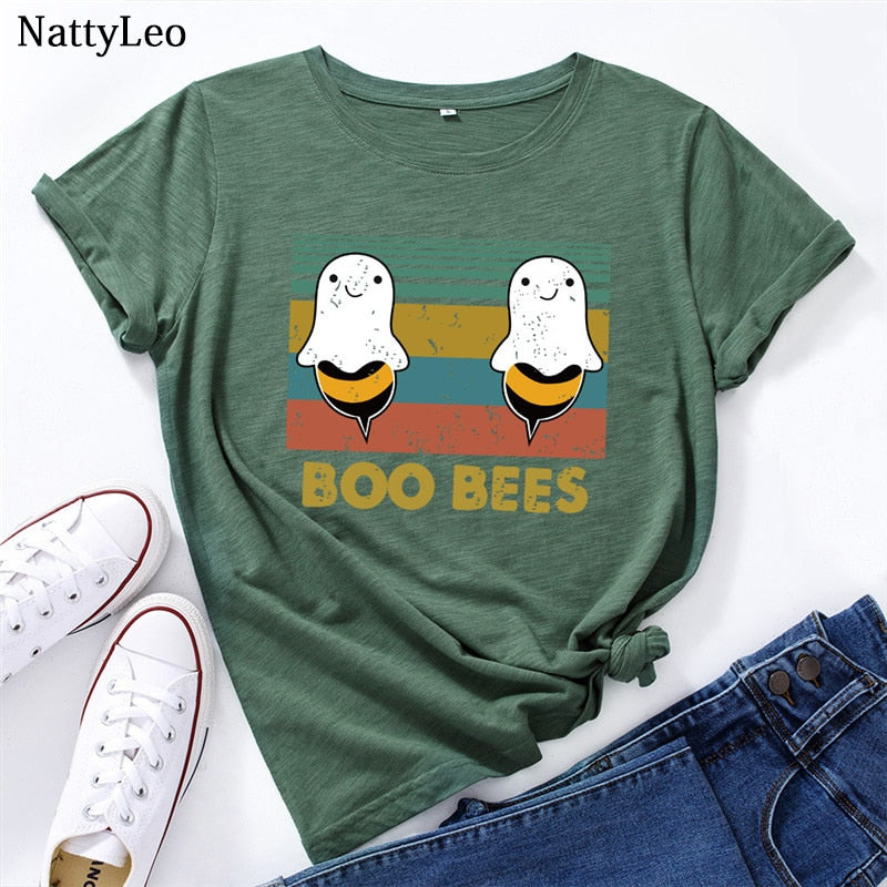 Peris Gems Graphic Print BOO BEES T-Shirt for Women | Halloween Bee Short Sleeve Shirt Graphic Print BOO BEES T-Shirt for Women Halloween Bee Shirt SHEIN Amazon Temu