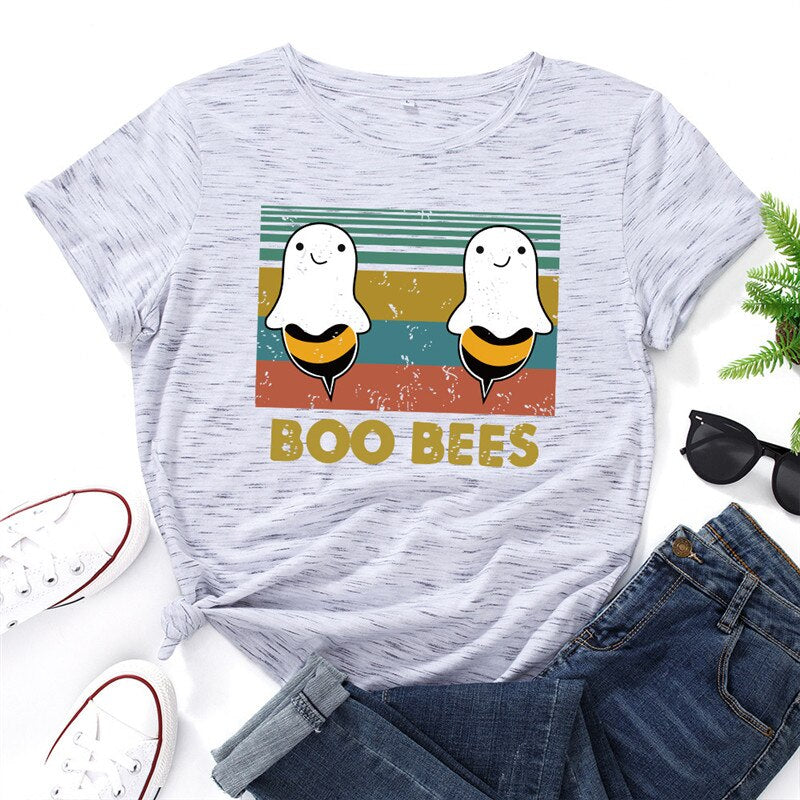 Peris Gems Graphic Print BOO BEES T-Shirt for Women | Halloween Bee Short Sleeve Shirt Graphic Print BOO BEES T-Shirt for Women Halloween Bee Shirt SHEIN Amazon Temu