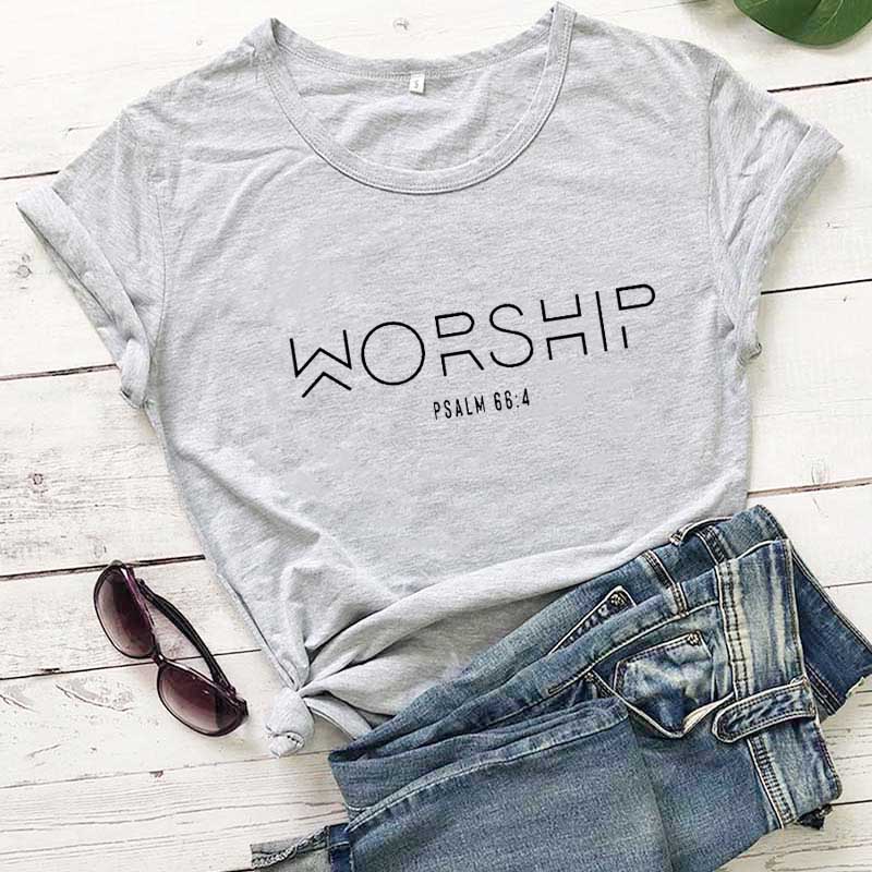 Peris Gems gray-black text / S Worship Psalm Verse 66:4 T-Shirt for Women | Cotton Faith Shirts Worship Psalm Verse 66:4 T-Shirt for Women | Faith Shirts SHEIN Amazon Temu