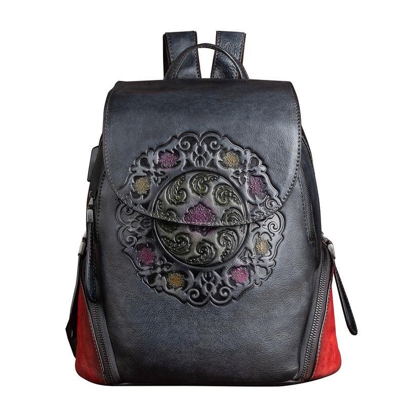 Peris Gems Gray Flower Embroidered Genuine Leather Large Backpack for Women SHEIN Amazon Temu