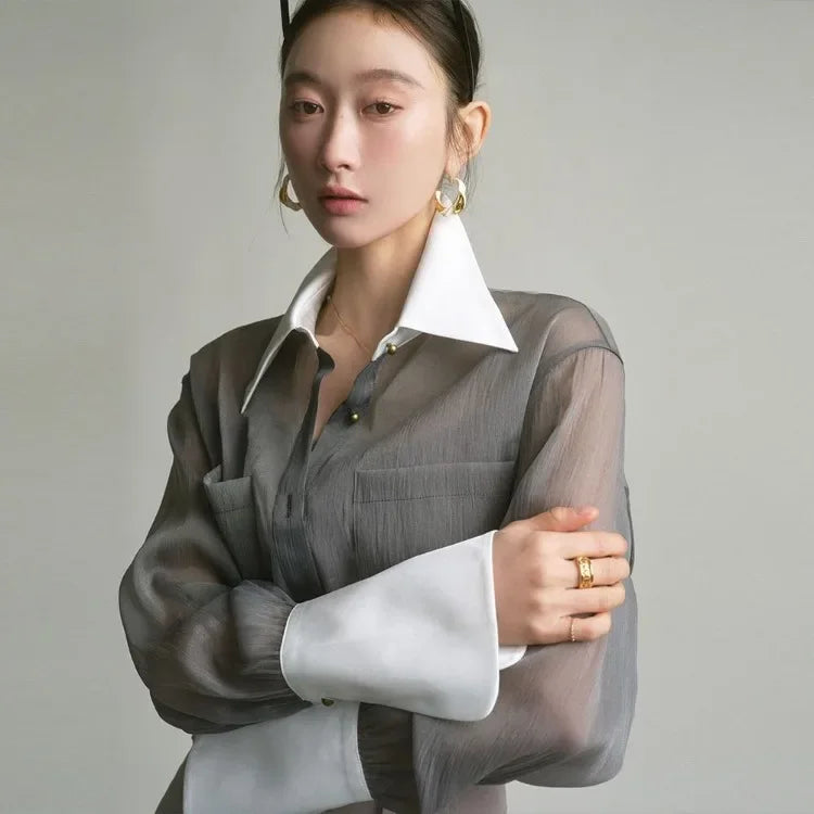 Peris Gems GRAY / XXXL Elegant Fashion Lapel Neck Gray Shirts Women Early Autumn New Single Breasted Blusas Mujer Y2k Grunge Long Sleeve Loose Blouses Elegant Fashion Lapel Neck Gray Shirts Women Early Autumn New Single Breasted Blusas Mujer Y2k Grunge Long Sleeve Loose Blouses SHEIN Amazon Temu