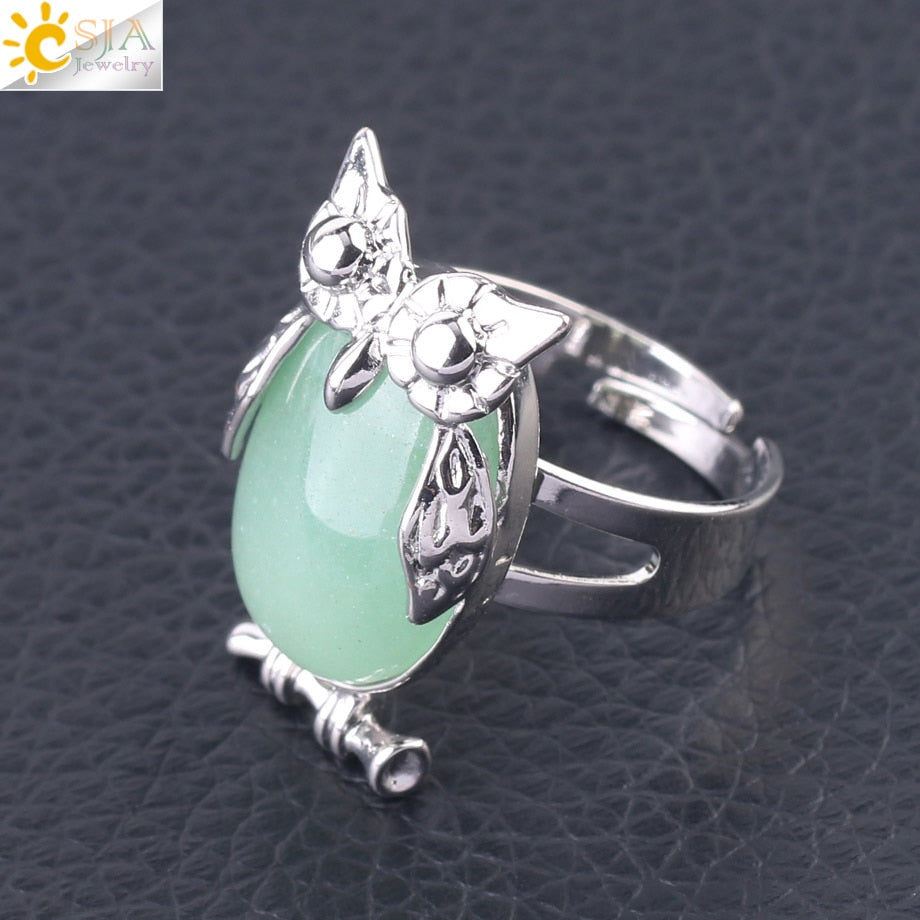 Peris Gems Green Aventurine Cabochon Bead Owl Rings | Silver Diamond Owl Rings Adjustable SHEIN Amazon Temu