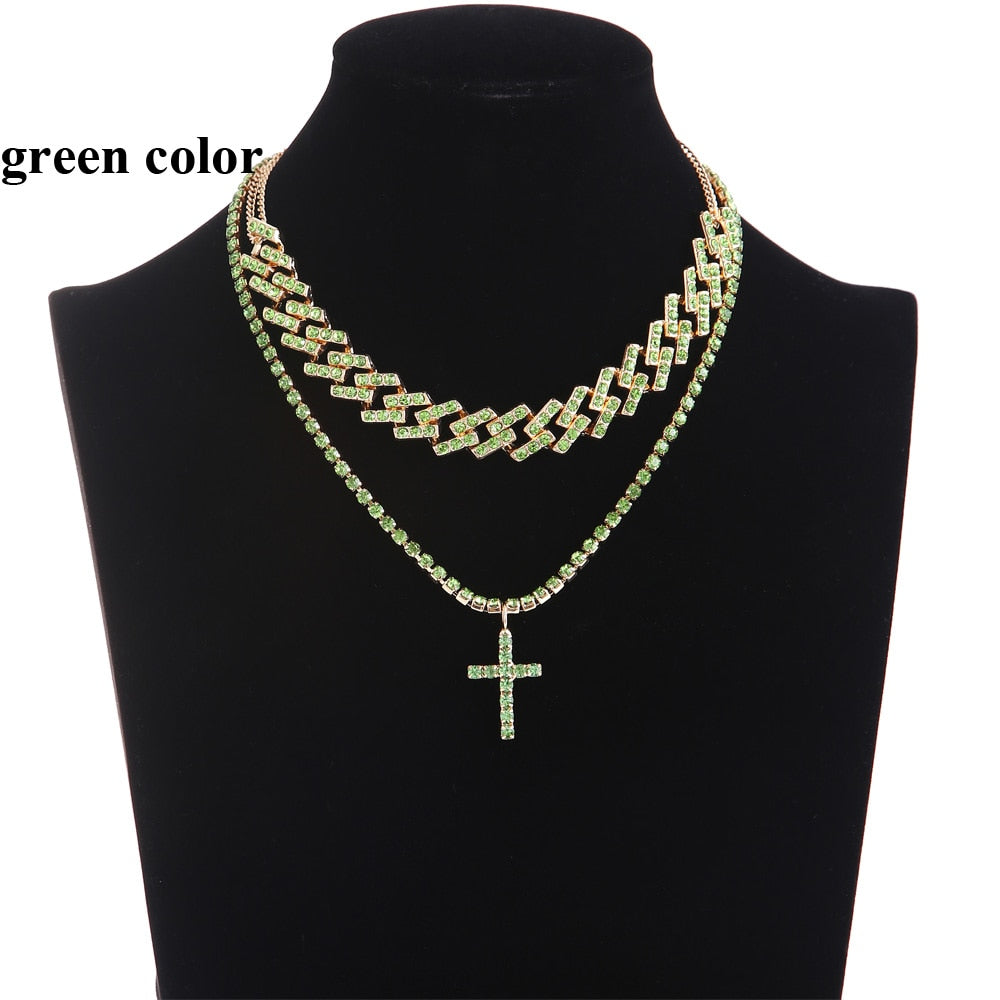 Peris Gems Green Cuban Link Jesus Cross Chain Necklace Set Unisex | Diamond Necklaces Cuban Link Jesus Cross Chain Necklace Set Unisex | Diamond SHEIN Amazon Temu