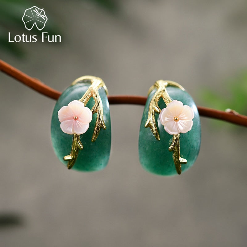 Peris Gems Green Gold Plum Flower Stud Earrings for Women | Sterling Silver Natural Aventurine Plum Flower Stud Earrings for Women | Sterling Silver Natural SHEIN Amazon Temu