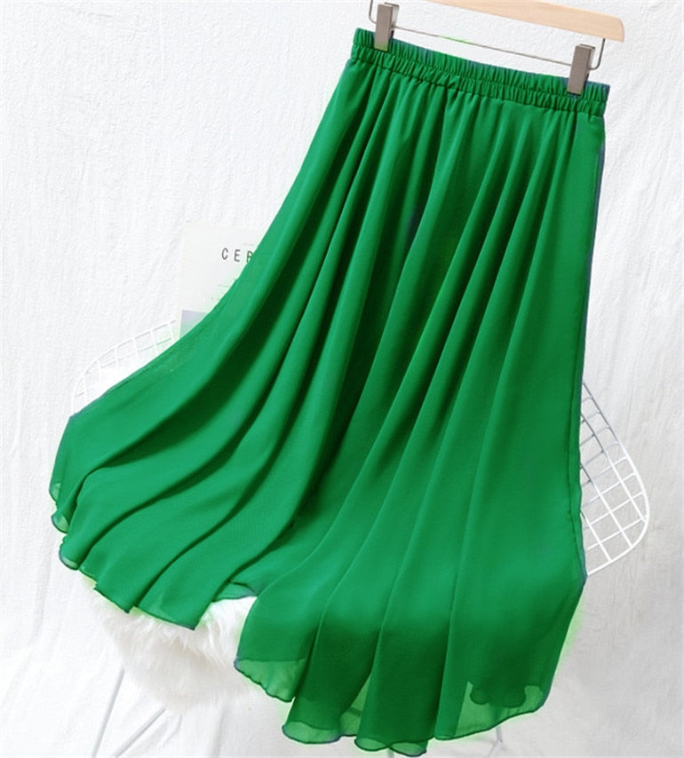 Peris Gems Green / M High Waist Pleated Chiffon Skirts for Women | Mid Calf Maxi Skirts High Waist Pleated Chiffon Skirts | Women&