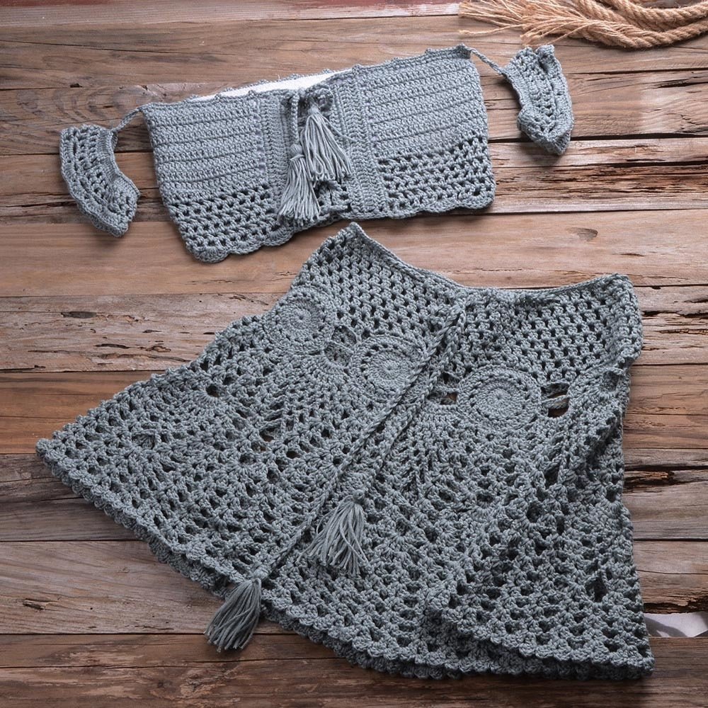 Peris Gems Green / S Knitted Hollow Crop Top and Mini Skirt Sheer Set for Women | Women&