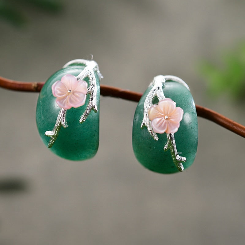 Peris Gems Green Silver Plum Flower Stud Earrings for Women | Sterling Silver Natural Aventurine Plum Flower Stud Earrings for Women | Sterling Silver Natural SHEIN Amazon Temu