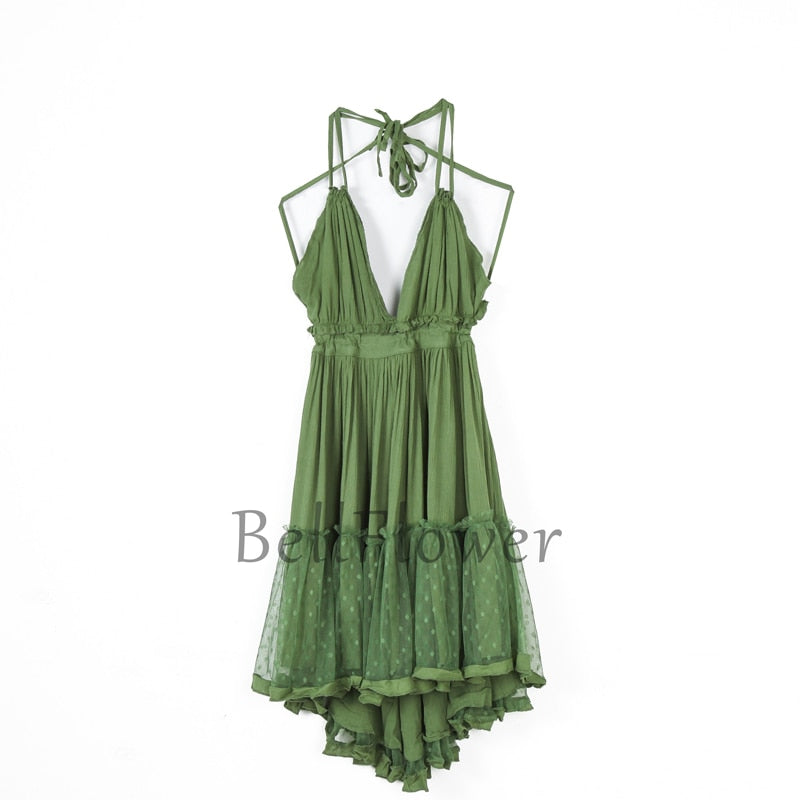 Peris Gems Green / XS Halter Lace Up Backless Dresses for Women | Women&