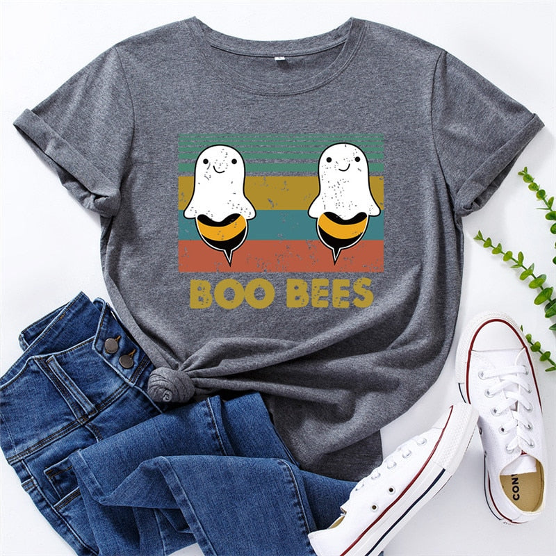 Peris Gems Grey / S Graphic Print BOO BEES T-Shirt for Women | Halloween Bee Short Sleeve Shirt Graphic Print BOO BEES T-Shirt for Women Halloween Bee Shirt SHEIN Amazon Temu