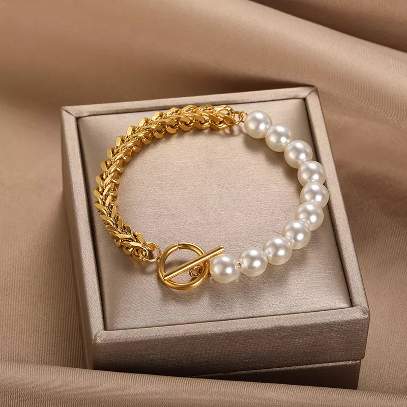 Peris Gems Half Pearl Hald Gold Thick Chain Bracelet for Women SHEIN Amazon Temu