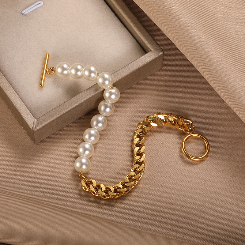 Peris Gems Half Pearl Hald Gold Thick Chain Bracelet for Women SHEIN Amazon Temu