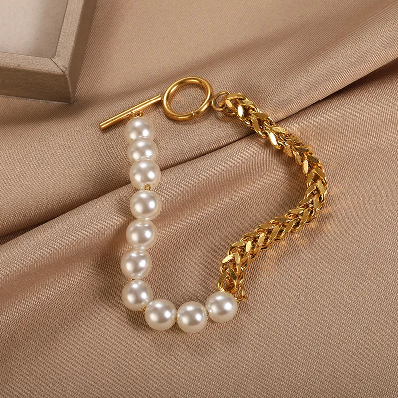Peris Gems Half Pearl Hald Gold Thick Chain Bracelet for Women SHEIN Amazon Temu