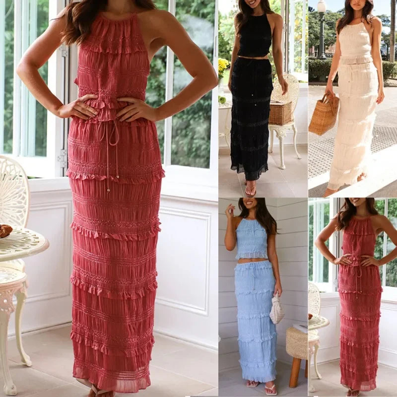 Peris Gems Holiday Fashion Women Hollow-out Backless Long Skirt Suit Slim Outfit 2025 Spring Summer Chiffon Solid Halter Top Two Piece Set Holiday Fashion Women Hollow-out Backless Long Skirt Suit Slim Outfit 2025 Spring Summer Chiffon Solid Halter Top Two Piece Set SHEIN Amazon Temu