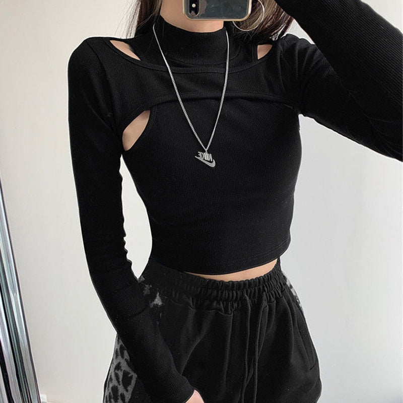 Peris Gems Hollow Knitted Crop Tops for Women | Fake 2pc Long Sleeve Shirt Hollow Knitted Crop Tops for Women | Fake 2pc Long Sleeve SHEIN Amazon Temu