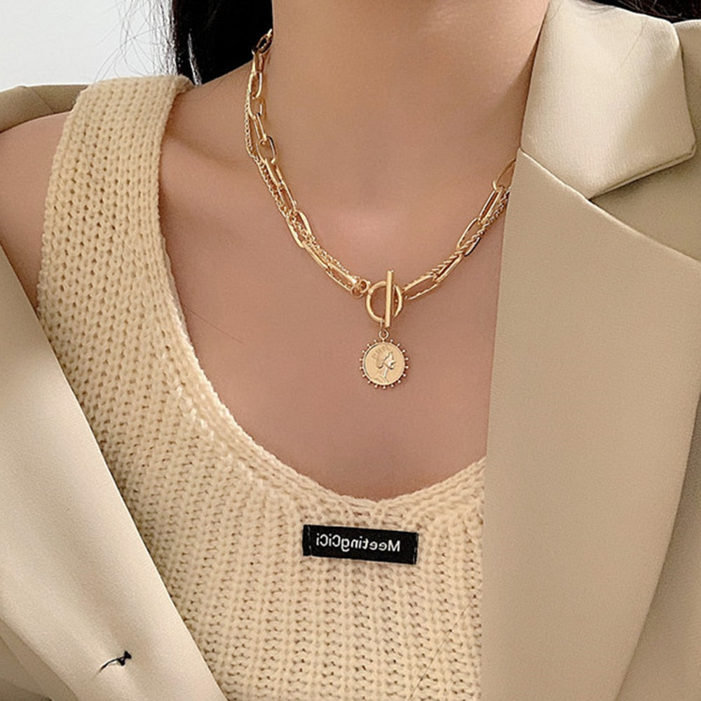 Peris Gems IPA0576 Carved Coin Thick Chain OT Buckle Necklace | Women&