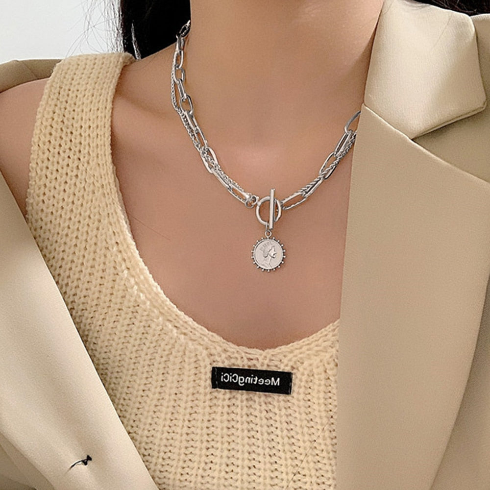 Peris Gems IPA0949 Carved Coin Thick Chain OT Buckle Necklace | Women&