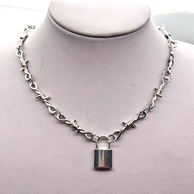 Peris Gems Iron Barbed Wire Choker Necklace Unisex | Silver Padlock Pendant Thorned Necklace SHEIN Amazon Temu