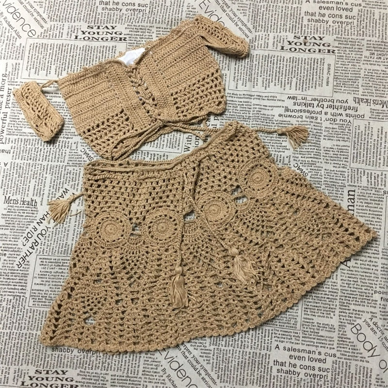 Peris Gems khaki / S Knitted Hollow Crop Top and Mini Skirt Sheer Set for Women | Women&