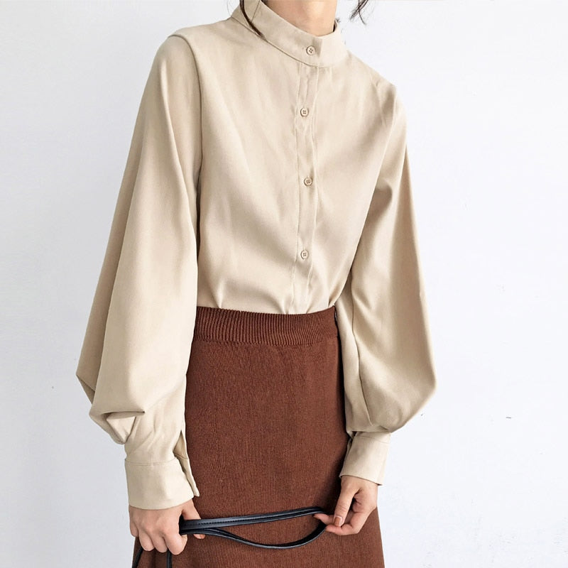 Peris Gems Khaki / S Lantern Sleeve Blouse for Women | Solid Button Up Collar Shirt for Women SHEIN Amazon Temu