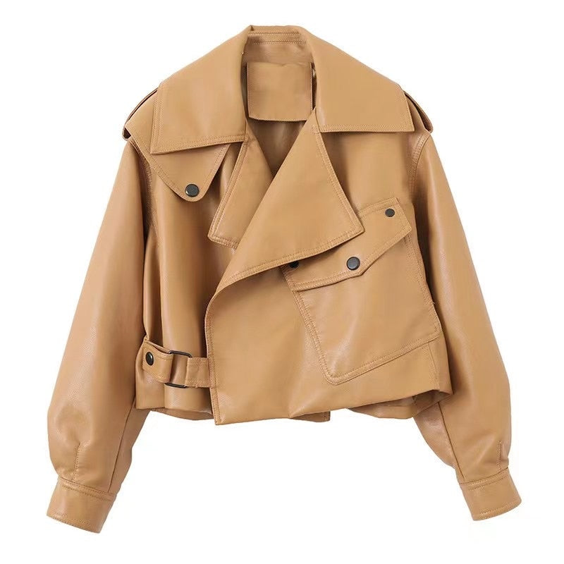 Peris Gems Khaki / S Loose Turn Down Collar Faux Leather Jacket for Women SHEIN Amazon Temu