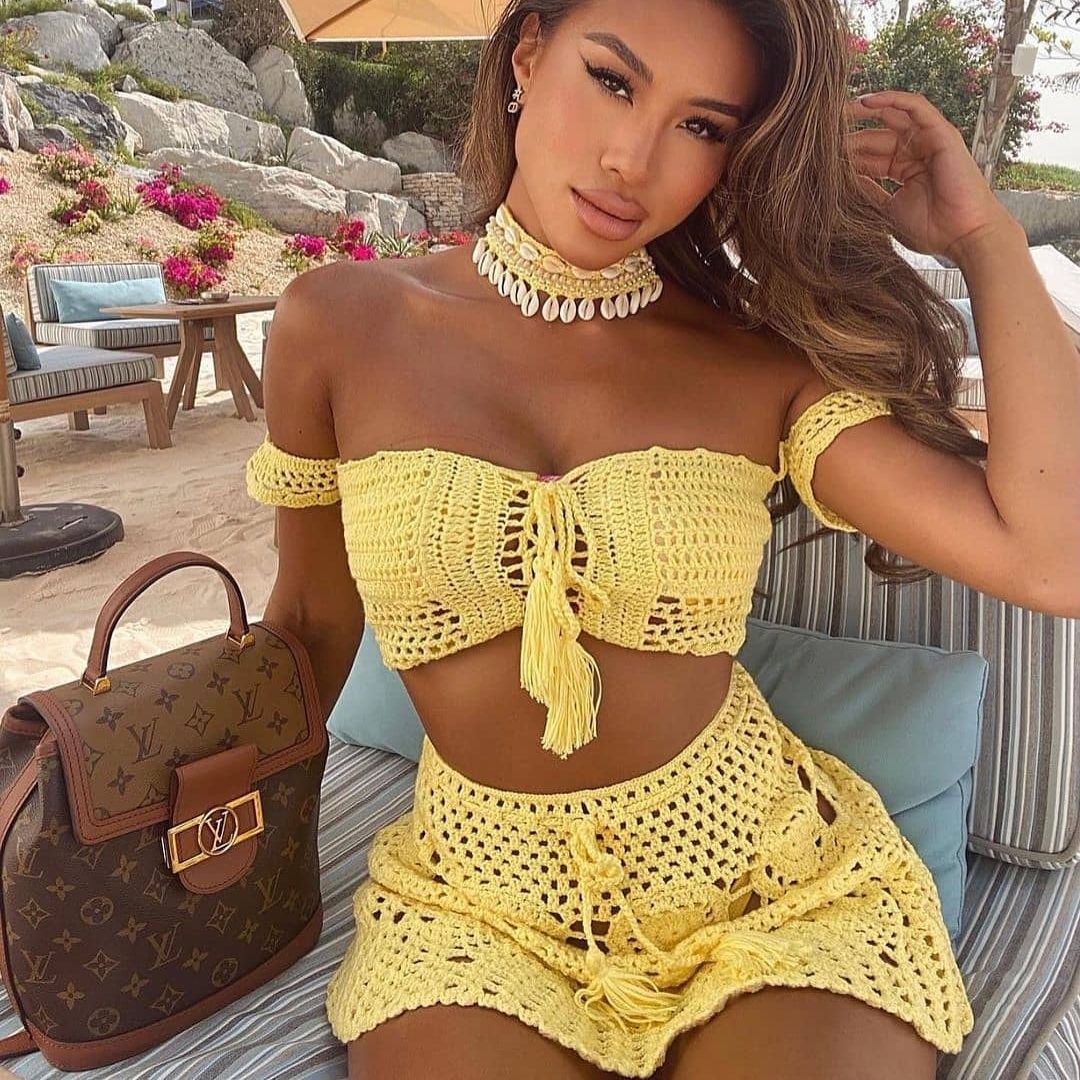 Peris Gems Knitted Hollow Crop Top and Mini Skirt Sheer Set for Women | Women&