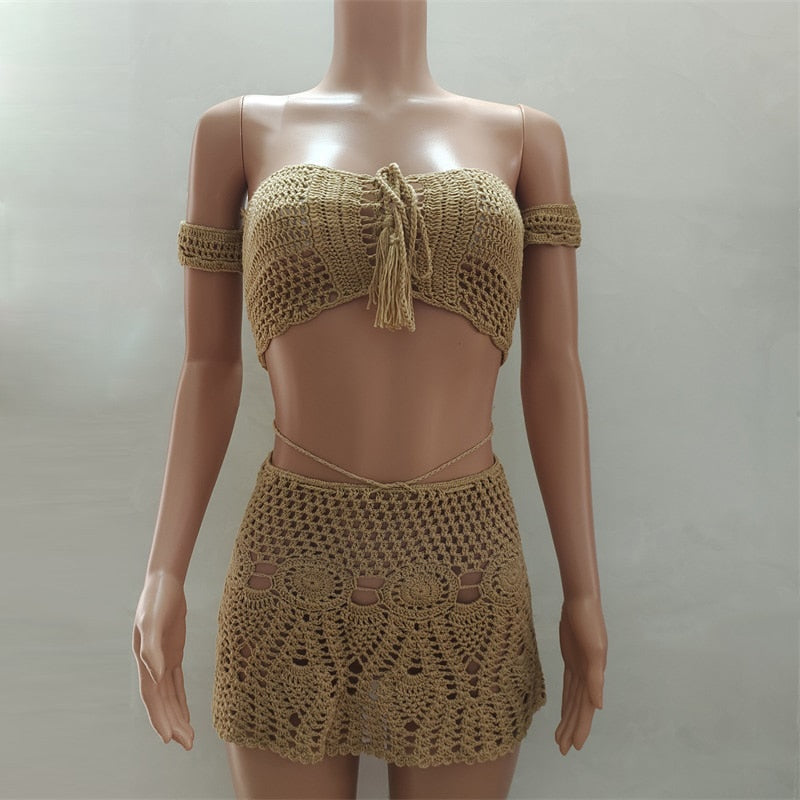 Peris Gems Knitted Hollow Crop Top and Mini Skirt Sheer Set for Women | Women&