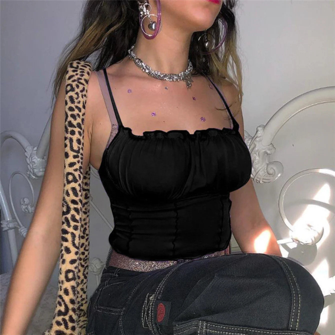 Peris Gems L / Black Sexy Vest Sleeveless Strapless Pleated Slim Straw Top Camisole Women&