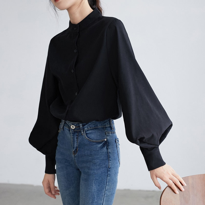 Peris Gems Lantern Sleeve Blouse for Women | Solid Button Up Collar Shirt for Women SHEIN Amazon Temu
