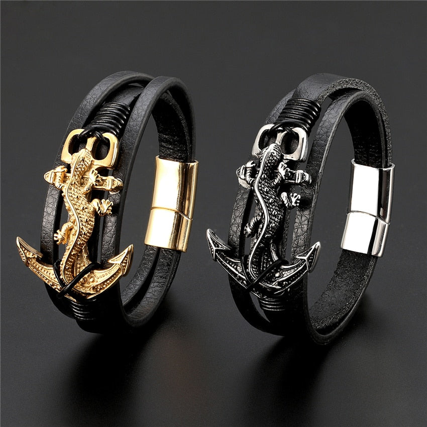 Peris Gems Leather Steel Anchor Bracelets for Men | Black Gecko Stainless Bracelets Leather Steel Anchor Bracelets for Men Black Gecko Stainless SHEIN Amazon Temu