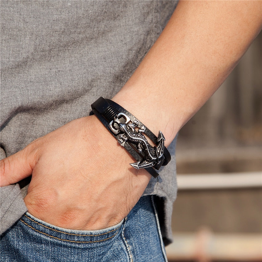 Peris Gems Leather Steel Anchor Bracelets for Men | Black Gecko Stainless Bracelets Leather Steel Anchor Bracelets for Men Black Gecko Stainless SHEIN Amazon Temu