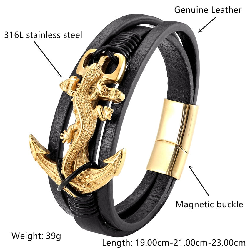 Peris Gems Leather Steel Anchor Bracelets for Men | Black Gecko Stainless Bracelets Leather Steel Anchor Bracelets for Men Black Gecko Stainless SHEIN Amazon Temu