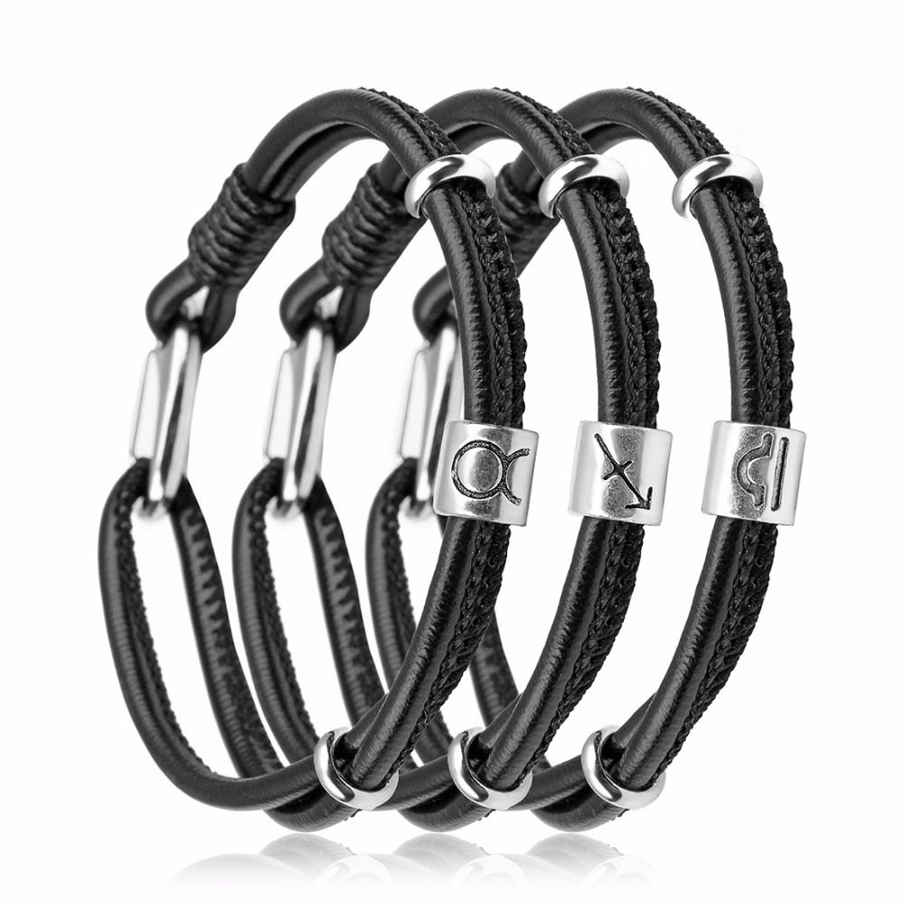 Peris Gems Leather Zodiac Sign Bracelet Unisex | Silver Leather Bracelet Leather Zodiac Sign Bracelet Unisex |Silver Leather Bracelet SHEIN Amazon Temu