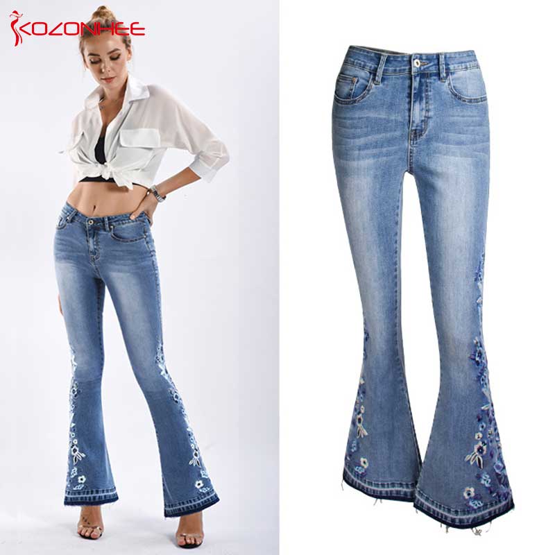 Peris Gems Light Blue Flower Embroidered Bell-Bottom Jeans for Women SHEIN Amazon Temu