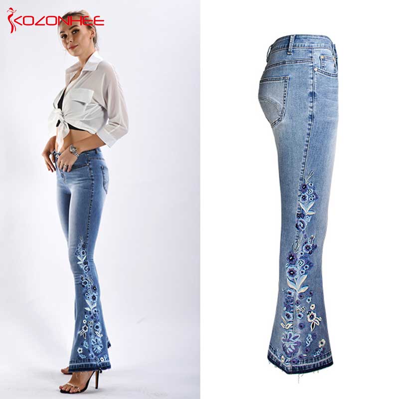 Peris Gems Light Blue Flower Embroidered Bell-Bottom Jeans for Women SHEIN Amazon Temu