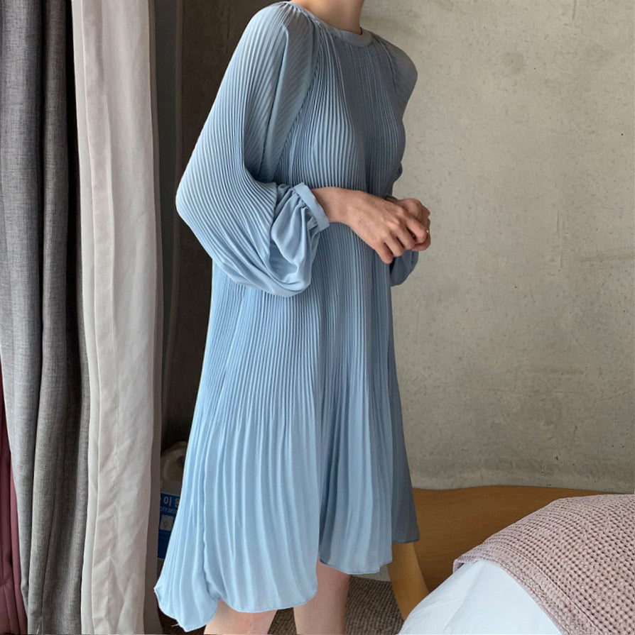 Peris Gems Light Blue / One Size Loose Lantern Sleeve Pleated Chiffon Dress for Women SHEIN Amazon Temu