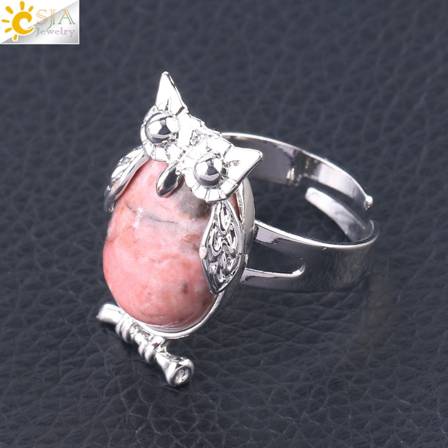 Peris Gems Line Rhodonite Cabochon Bead Owl Rings | Silver Diamond Owl Rings Adjustable SHEIN Amazon Temu
