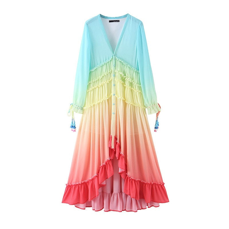 Peris Gems Long Sleeve Rainbow Ruffler Dress for Women | Tassel Dress SHEIN Amazon Temu
