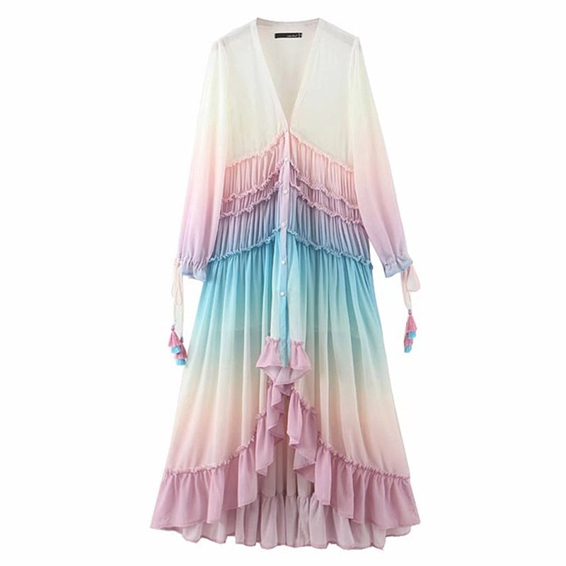 Peris Gems Long Sleeve Rainbow Ruffler Dress for Women | Tassel Dress SHEIN Amazon Temu