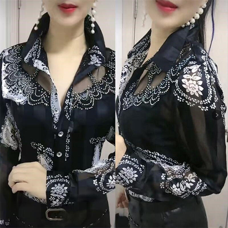 Peris Gems Long-Sleeved Floral Mesh Lace Button Up Shirts for Women SHEIN Amazon Temu