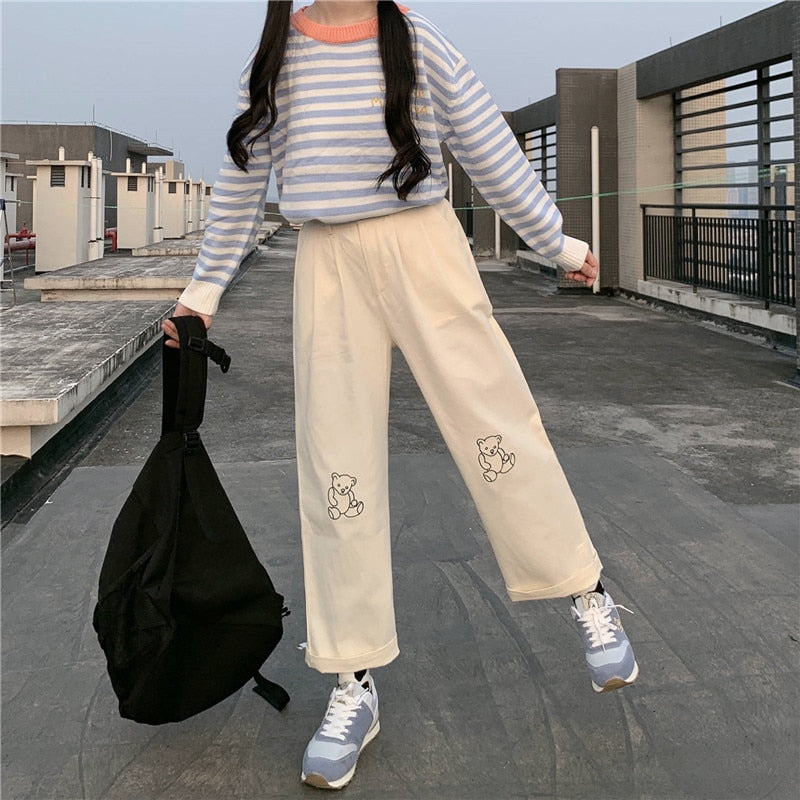 Peris Gems Loose Teddy Bear Embroidered Pants for Women | White Pants SHEIN Amazon Temu