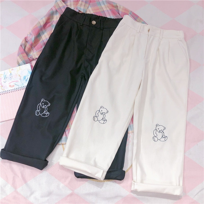 Peris Gems Loose Teddy Bear Embroidered Pants for Women | White Pants SHEIN Amazon Temu