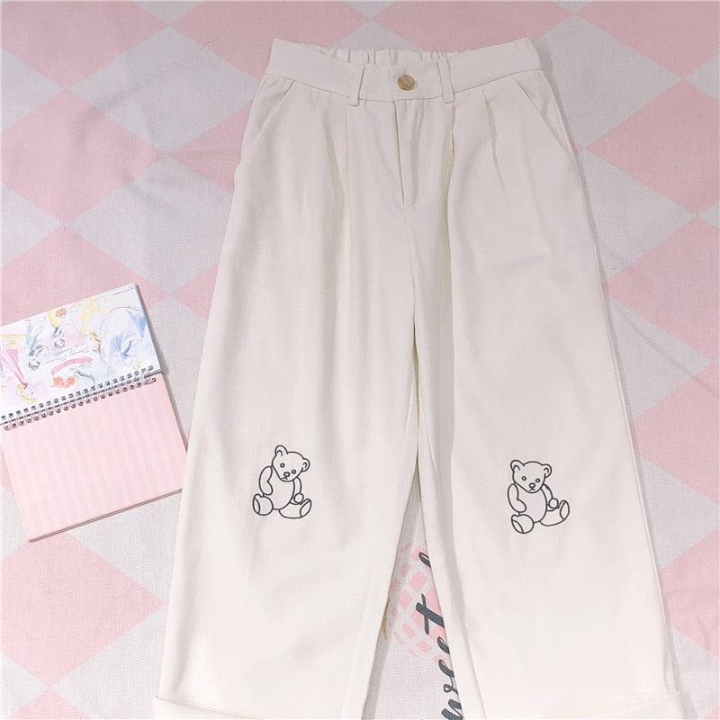 Peris Gems Loose Teddy Bear Embroidered Pants for Women | White Pants SHEIN Amazon Temu