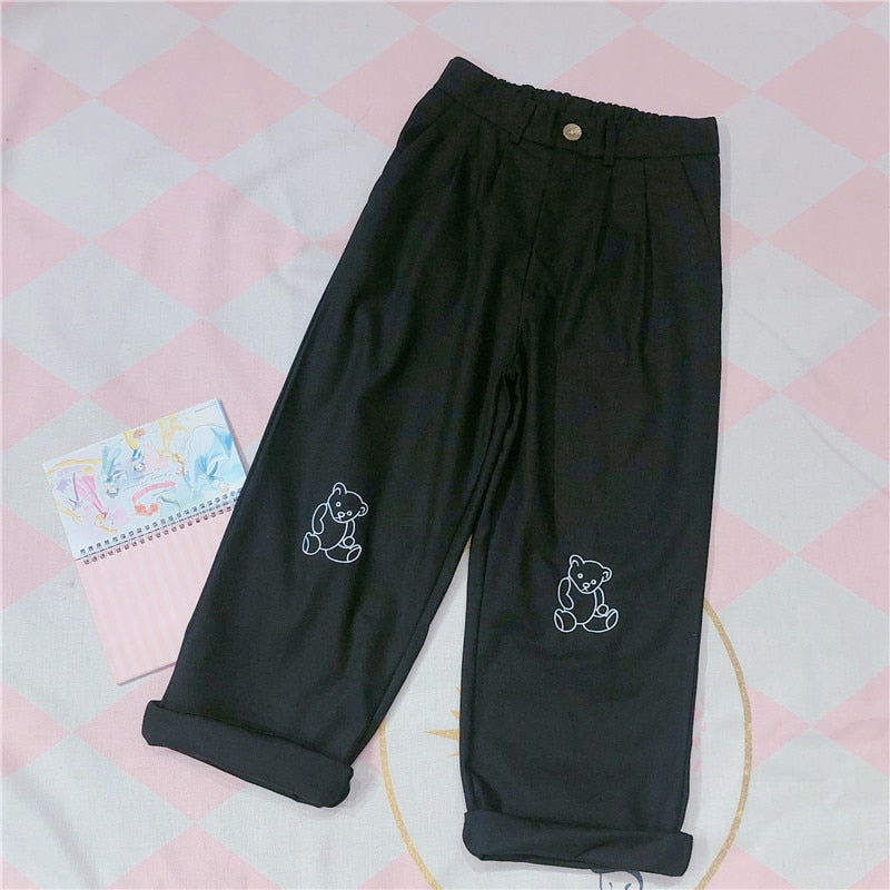 Peris Gems Loose Teddy Bear Embroidered Pants for Women | White Pants SHEIN Amazon Temu