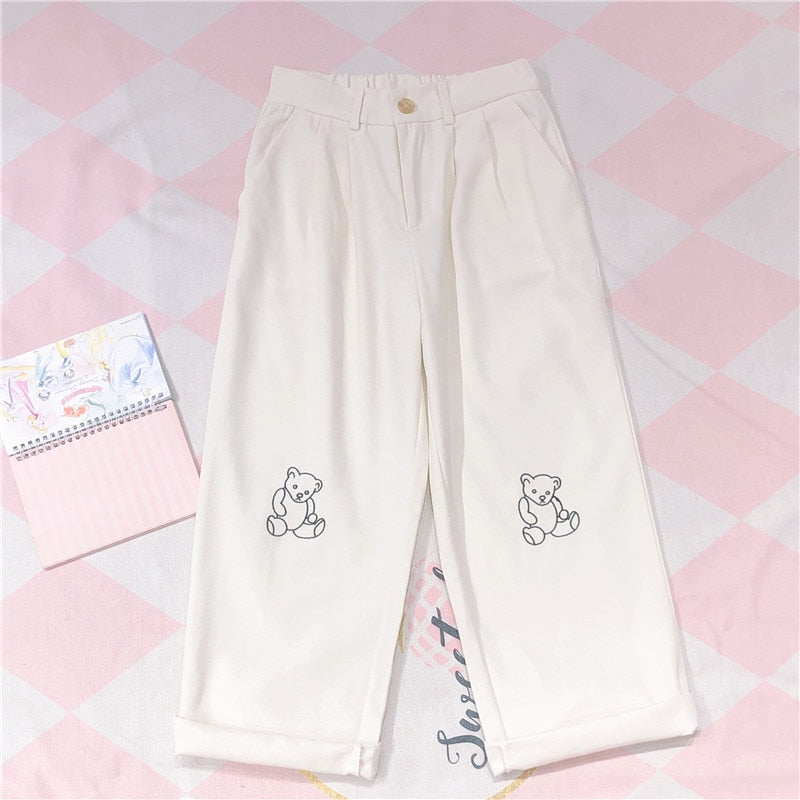 Peris Gems Loose Teddy Bear Embroidered Pants for Women | White Pants SHEIN Amazon Temu