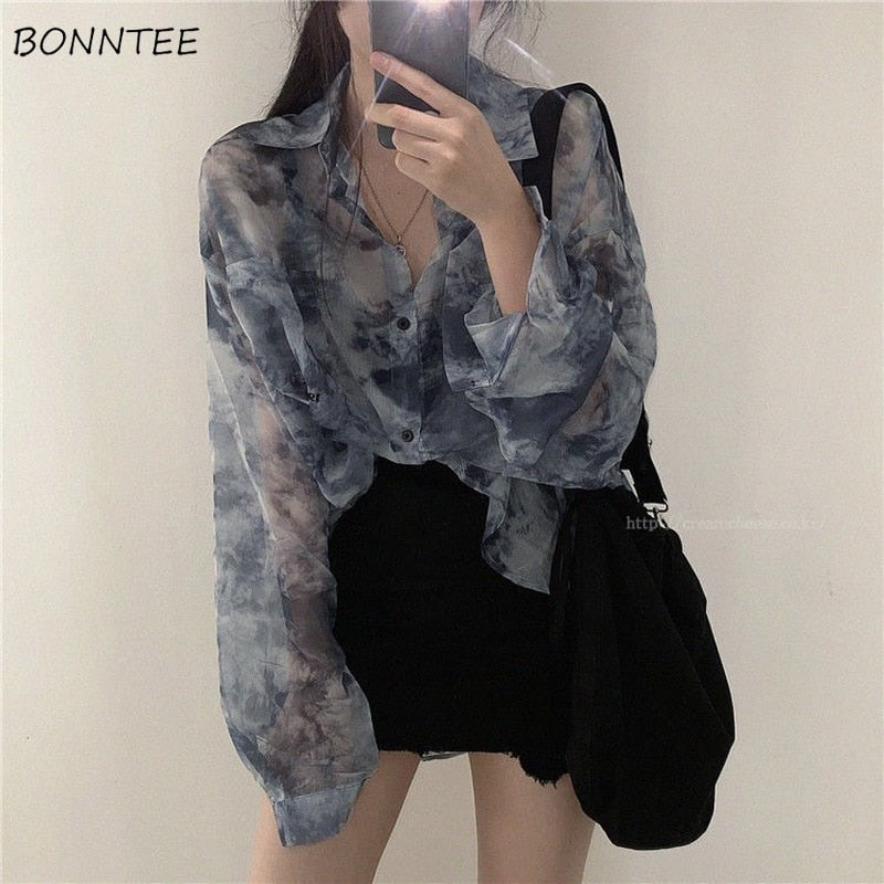 Peris Gems Loose Tie Dye Breathable Button-Up Shirt - Women&