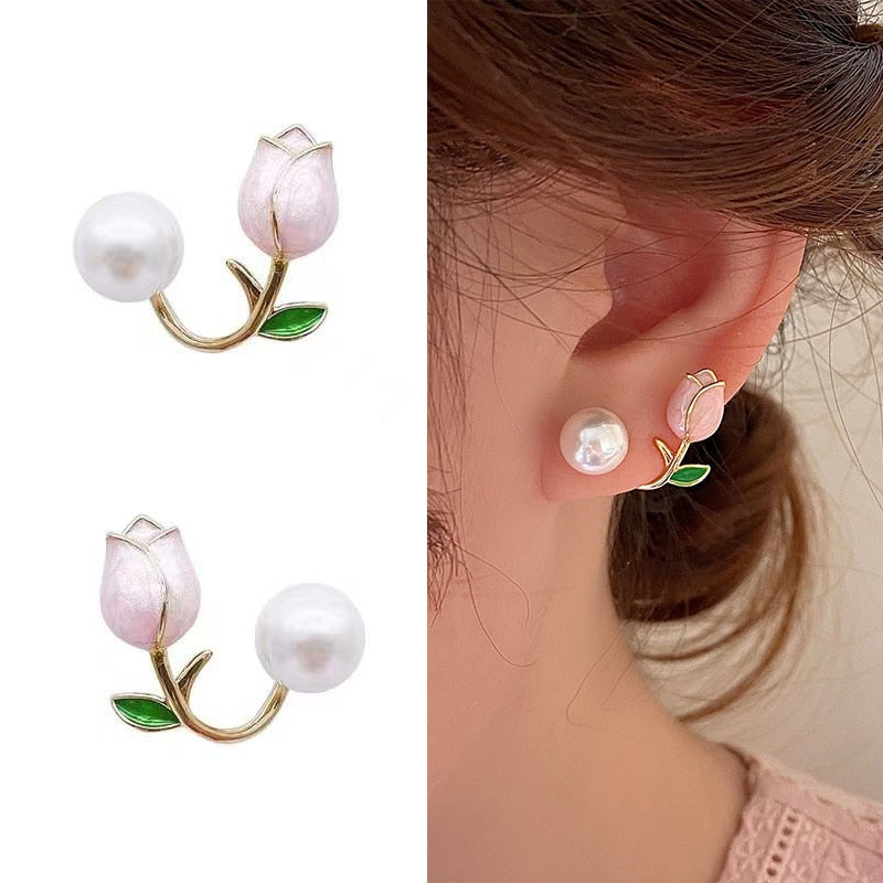 Peris Gems Luxury Pearl Tulip Flower Stud Earrings - Exquisite Zircon Party Earrings SHEIN Amazon Temu