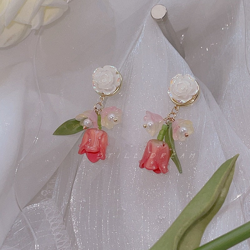 Peris Gems Luxury Pearl Tulip Flower Stud Earrings - Exquisite Zircon Party Earrings SHEIN Amazon Temu
