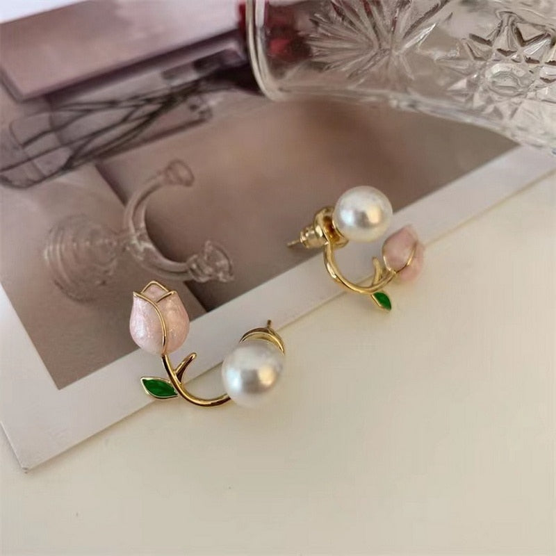 Peris Gems Luxury Pearl Tulip Flower Stud Earrings - Exquisite Zircon Party Earrings SHEIN Amazon Temu